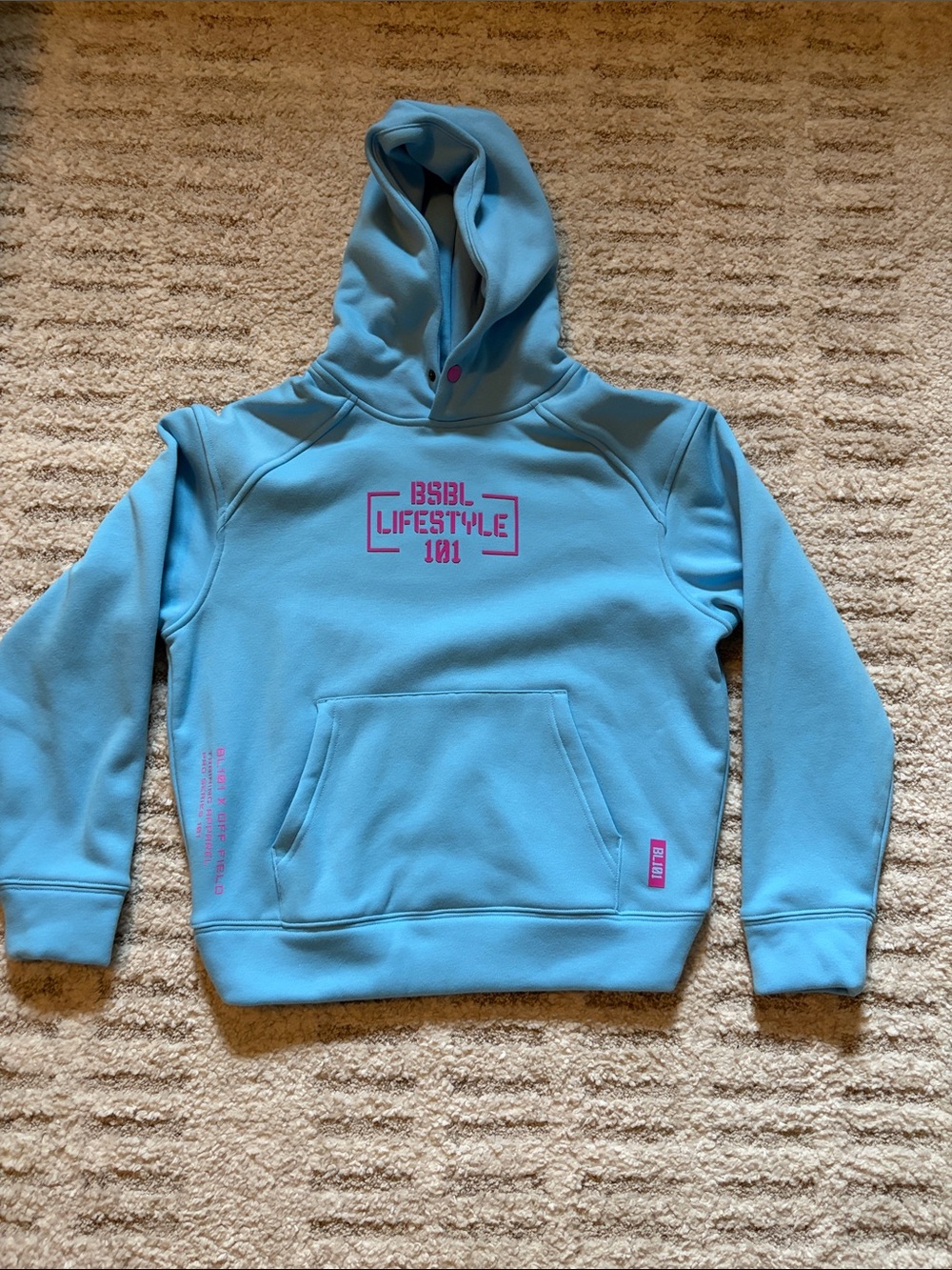 Youth Hooded Sweatshirt with Pink Logo - Light Blue